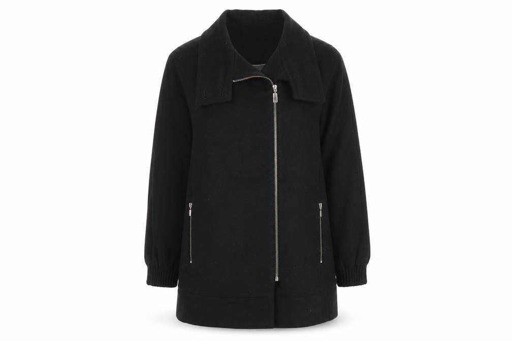 Front view of Zara women’s black overcoat coat, size M, zip