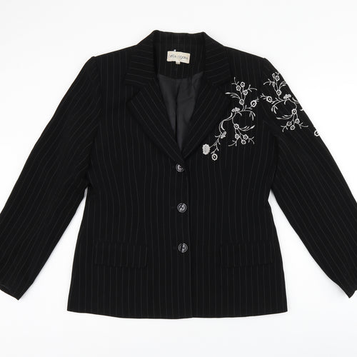 Bella Rigura Womens Black Striped Polyester Jacket Blazer Size 10 - Floral Embroidery