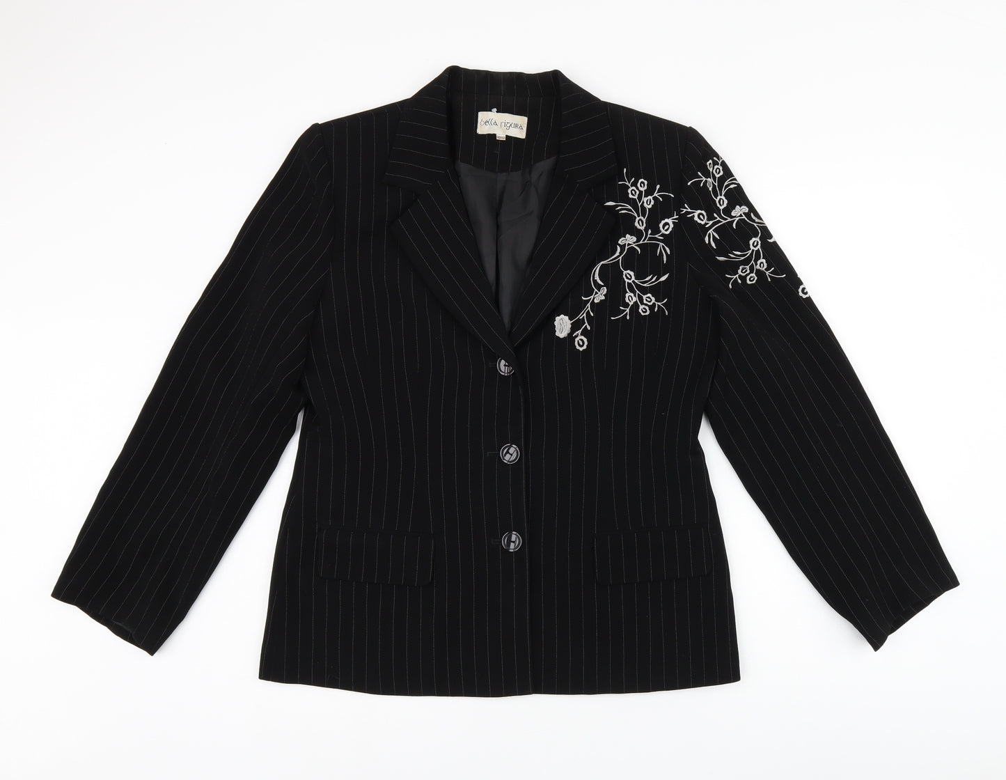 Bella Rigura Womens Black Striped Polyester Jacket Blazer Size 10 - Floral Embroidery