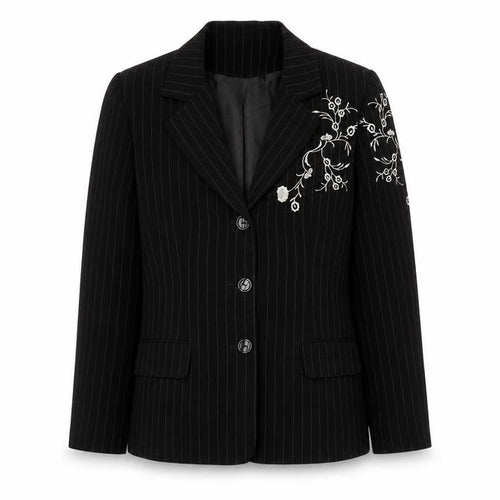 Bella Rigura Womens Black Striped Polyester Jacket Blazer Size 10 - Floral Embroidery