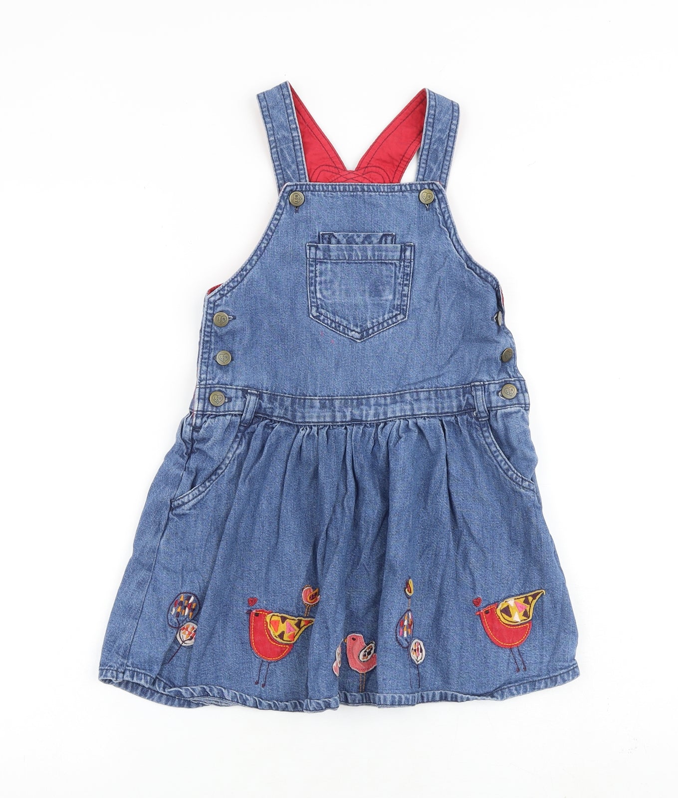 Marks and Spencer Girls Blue Geometric Cotton Pinafore/Dungaree Dress Size 6-7 Years Square Neck Button - Birds