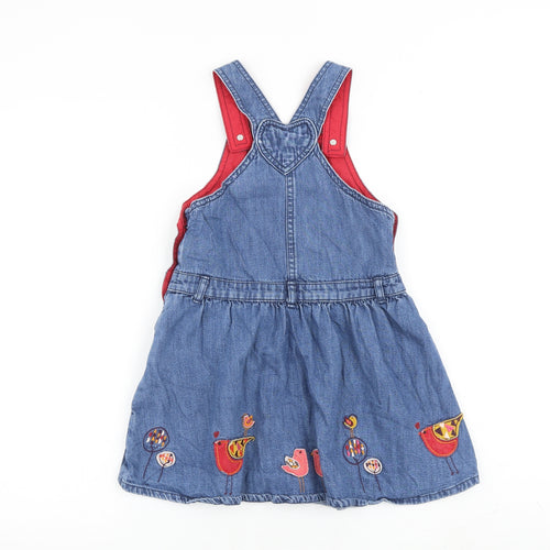 Marks and Spencer Girls Blue Geometric Cotton Pinafore/Dungaree Dress Size 6-7 Years Square Neck Button - Birds