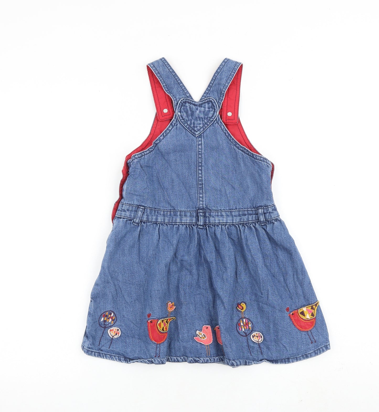 Marks and Spencer Girls Blue Geometric Cotton Pinafore/Dungaree Dress Size 6-7 Years Square Neck Button - Birds