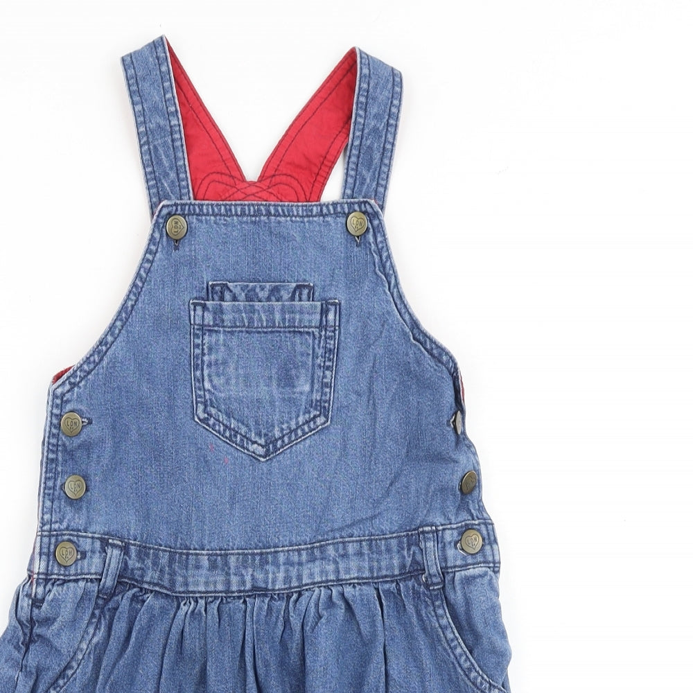 Marks and Spencer Girls Blue Geometric Cotton Pinafore/Dungaree Dress Size 6-7 Years Square Neck Button - Birds