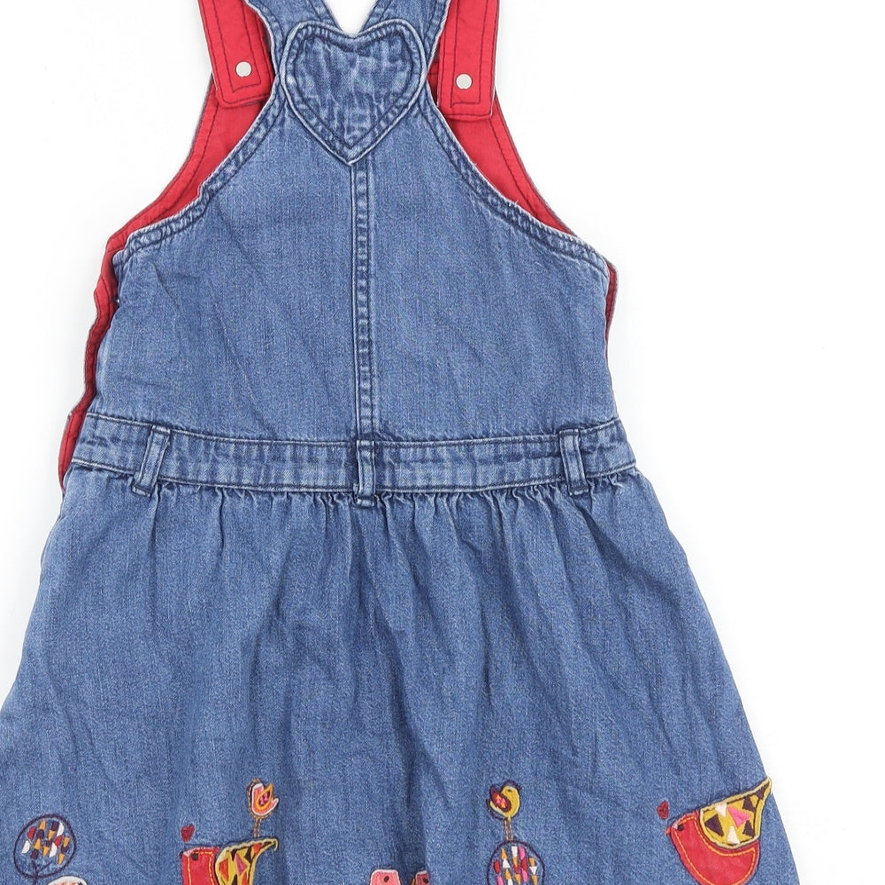 Marks and Spencer Girls Blue Geometric Cotton Pinafore/Dungaree Dress Size 6-7 Years Square Neck Button - Birds
