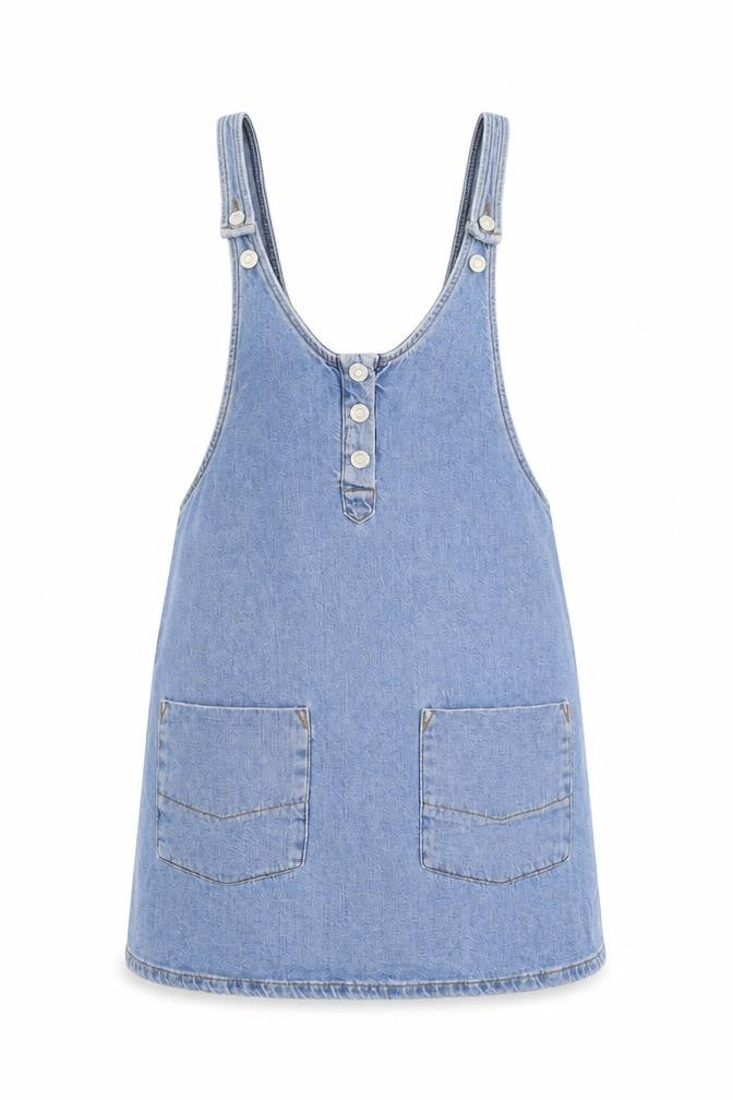 Front view of Pull&Bear women’s blue 100% cotton tank dress, size S, scoop neck button