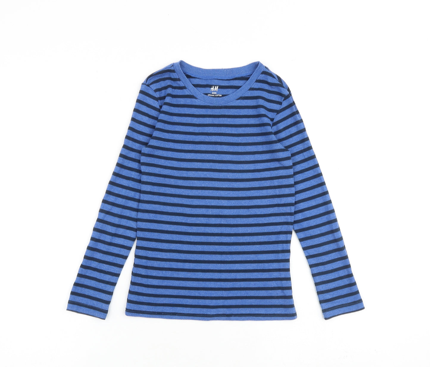 H&M Boys Blue Striped 100% Cotton Basic T-Shirt Size 7-8 Years Round Neck Pullover
