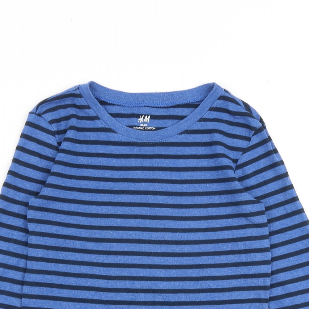 H&M Boys Blue Striped 100% Cotton Basic T-Shirt Size 7-8 Years Round Neck Pullover