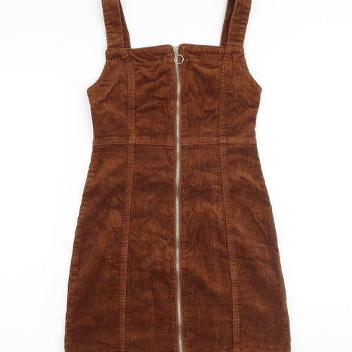 Denim & Co. Womens Brown Cotton Pinafore/Dungaree Dress Size 6 Square Neck Zip