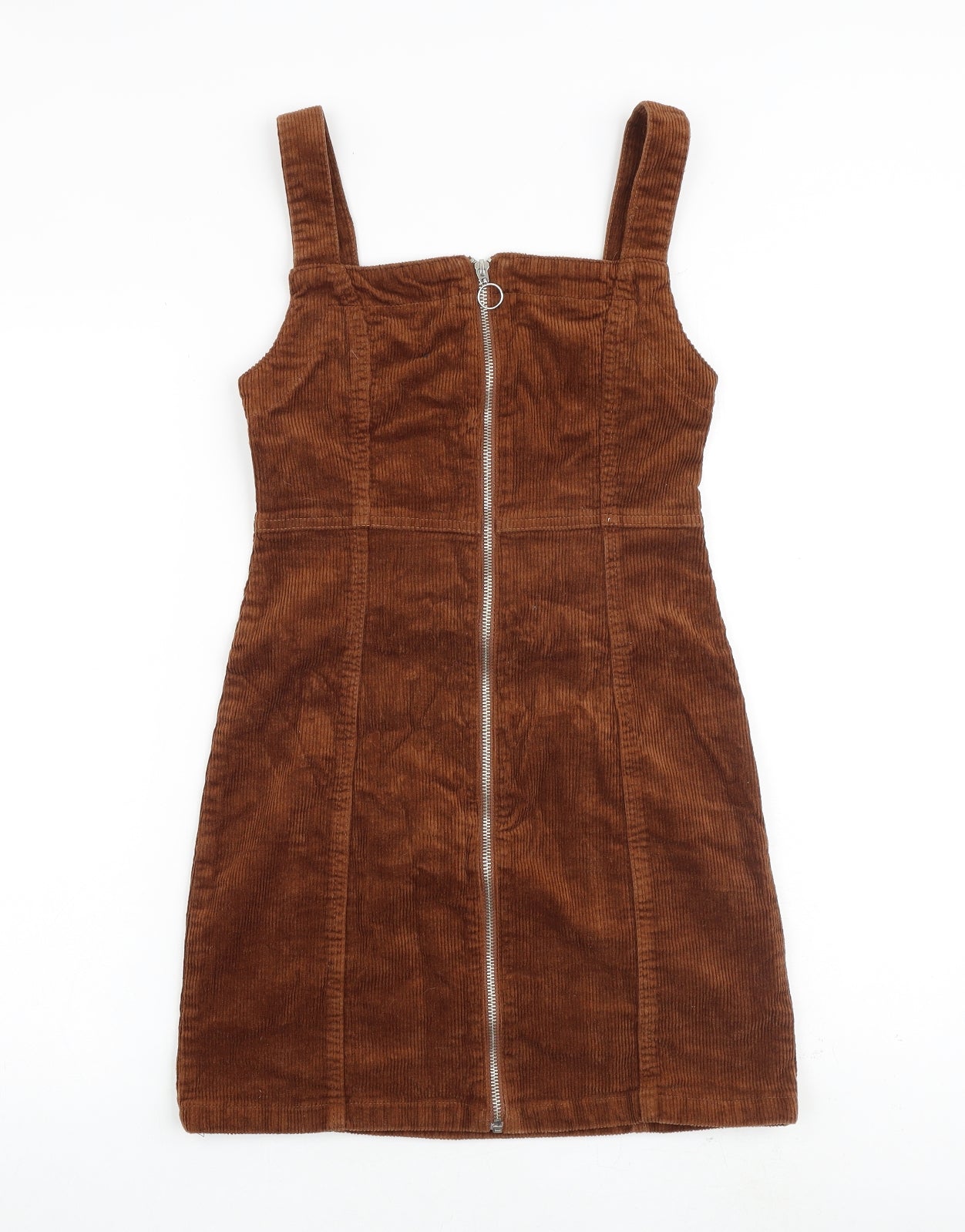 Denim & Co. Womens Brown Cotton Pinafore/Dungaree Dress Size 6 Square Neck Zip