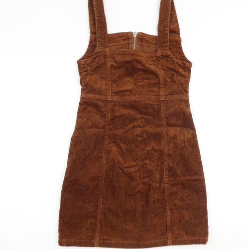 Denim & Co. Womens Brown Cotton Pinafore/Dungaree Dress Size 6 Square Neck Zip