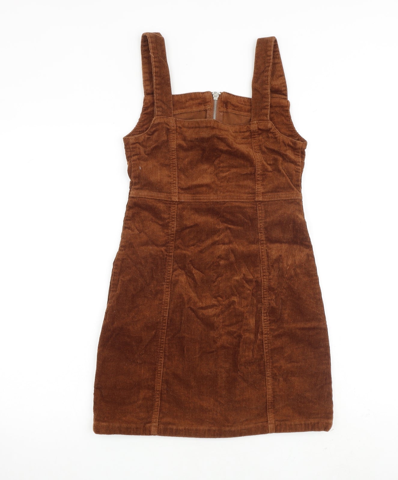 Denim & Co. Womens Brown Cotton Pinafore/Dungaree Dress Size 6 Square Neck Zip