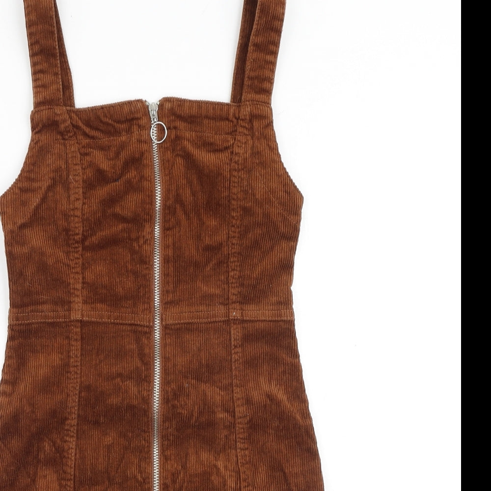 Denim & Co. Womens Brown Cotton Pinafore/Dungaree Dress Size 6 Square Neck Zip
