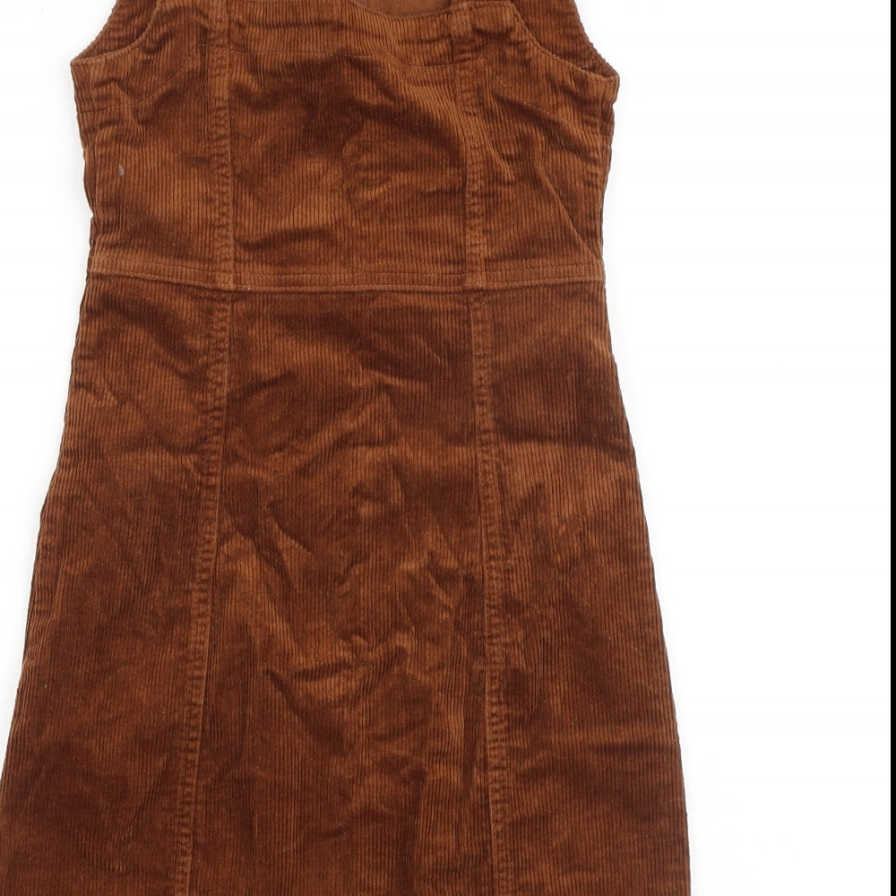 Denim & Co. Womens Brown Cotton Pinafore/Dungaree Dress Size 6 Square Neck Zip