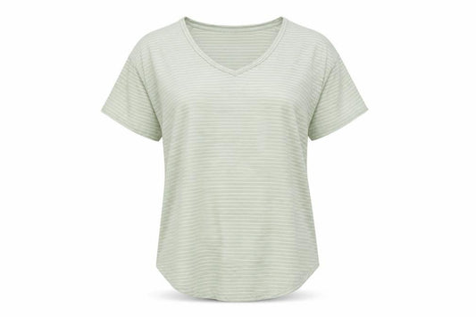 Front view of Mamalicious women’s green striped viscose basic t-shirt, size M, round neck