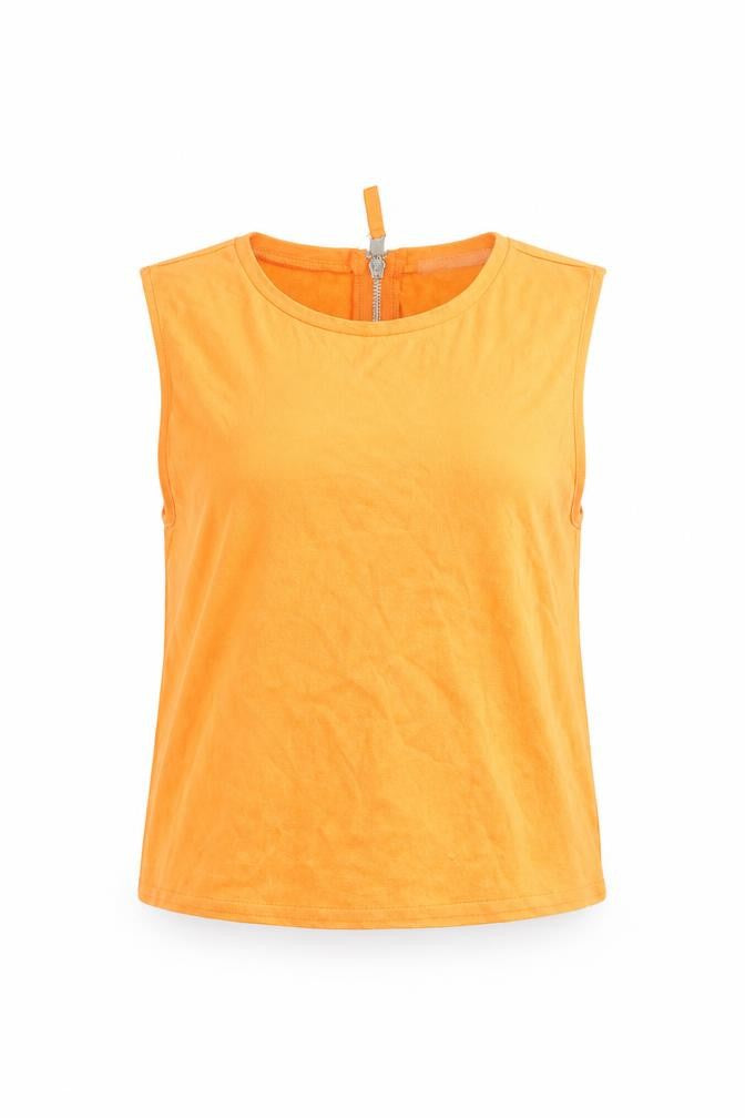 Front view of Zara women’s orange polyester basic tank, size S, round neck