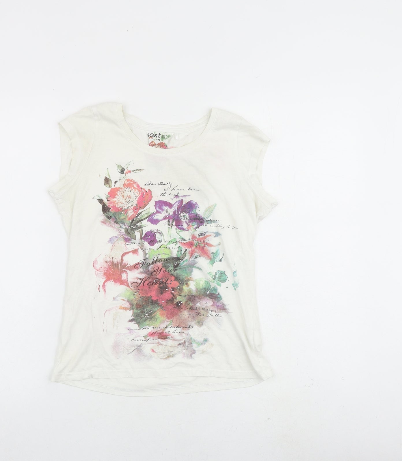 NEXT Womens White Floral 100% Cotton Basic T-Shirt Size 6 Round Neck