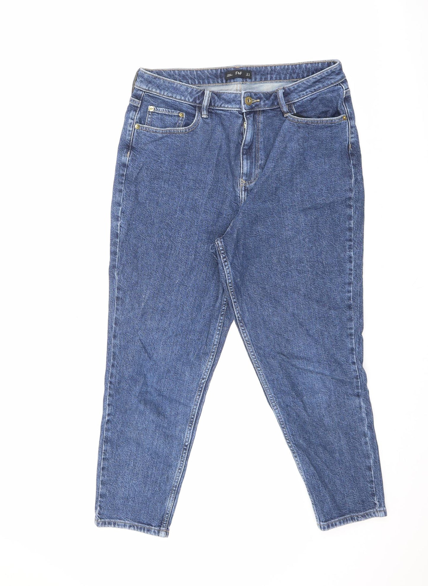 F&F Womens Blue Cotton Straight Jeans Size 12 L24 in Regular Zip