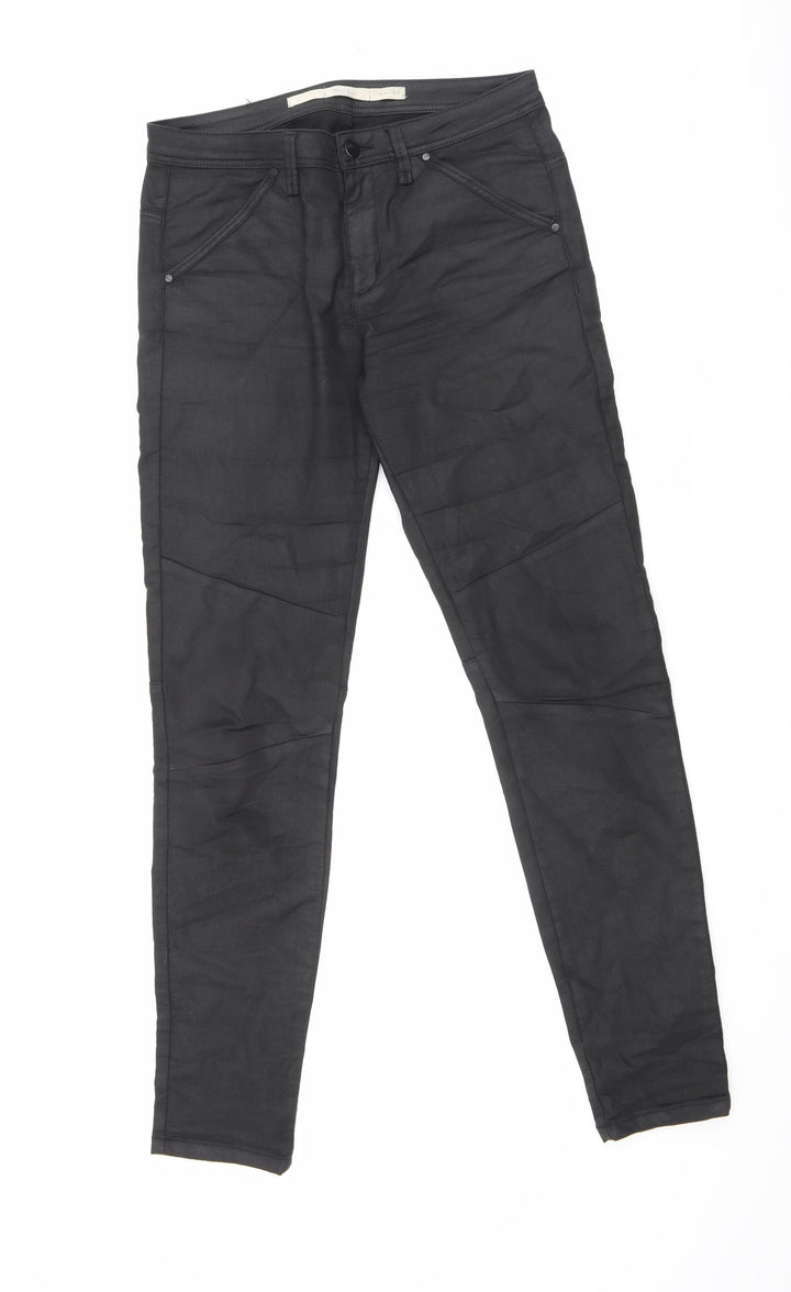 Part Two Womens Black Cotton Trousers Size 12 L31.5 in Regular Zip - Leather Look