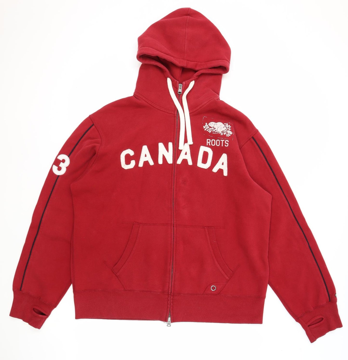 Roots Canada Mens Red Cotton Full Zip Hoodie Size L - Logo Print