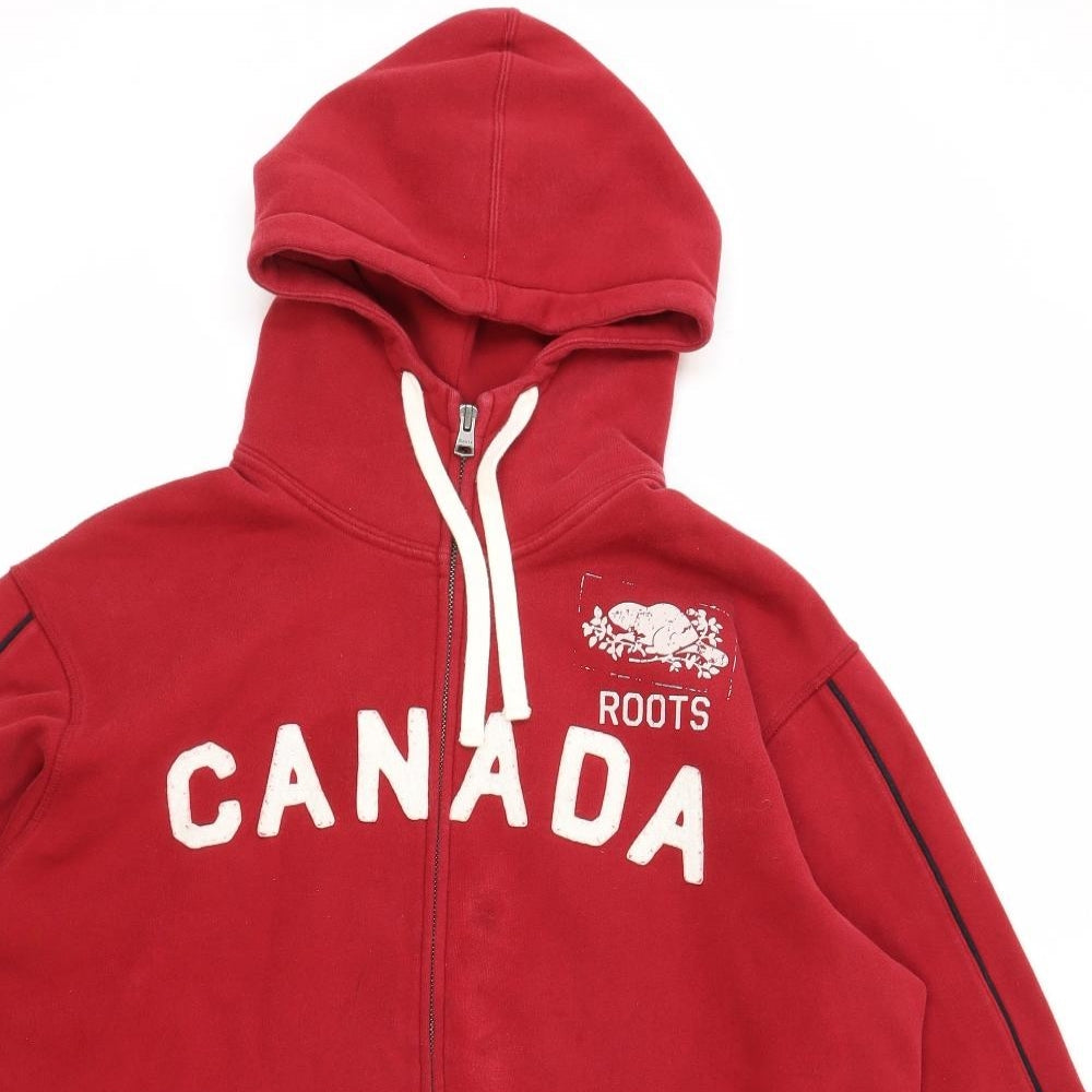 Roots Canada Mens Red Cotton Full Zip Hoodie Size L - Logo Print
