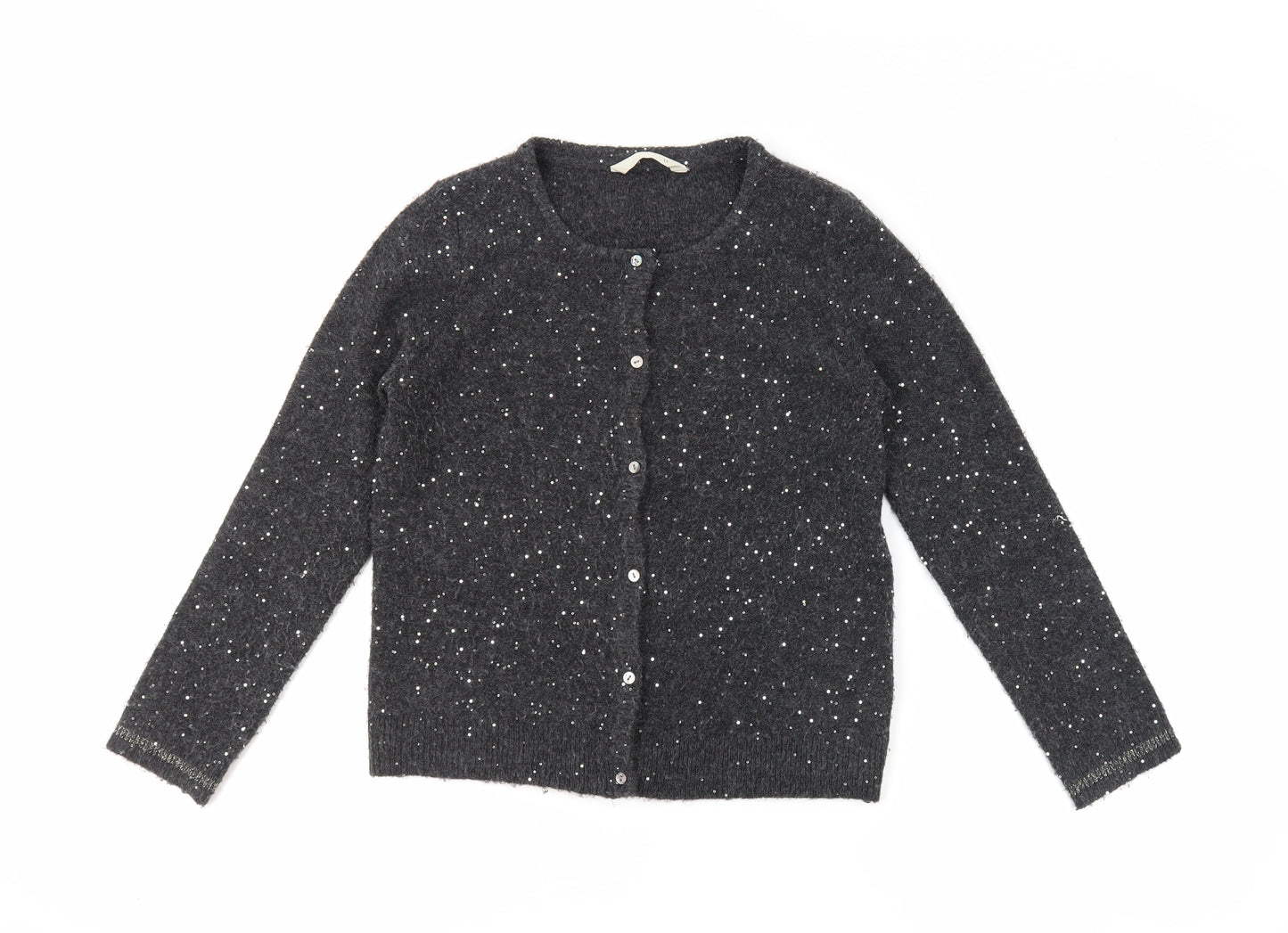 John Lewis Girls Grey Round Neck Acrylic Cardigan Jumper Size 11 Years Button - Sequins Detail