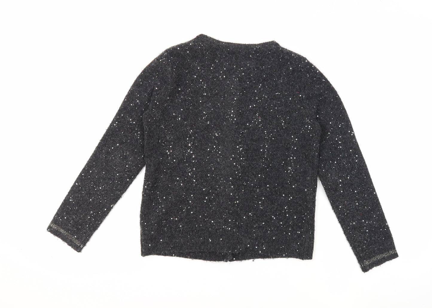 John Lewis Girls Grey Round Neck Acrylic Cardigan Jumper Size 11 Years Button - Sequins Detail