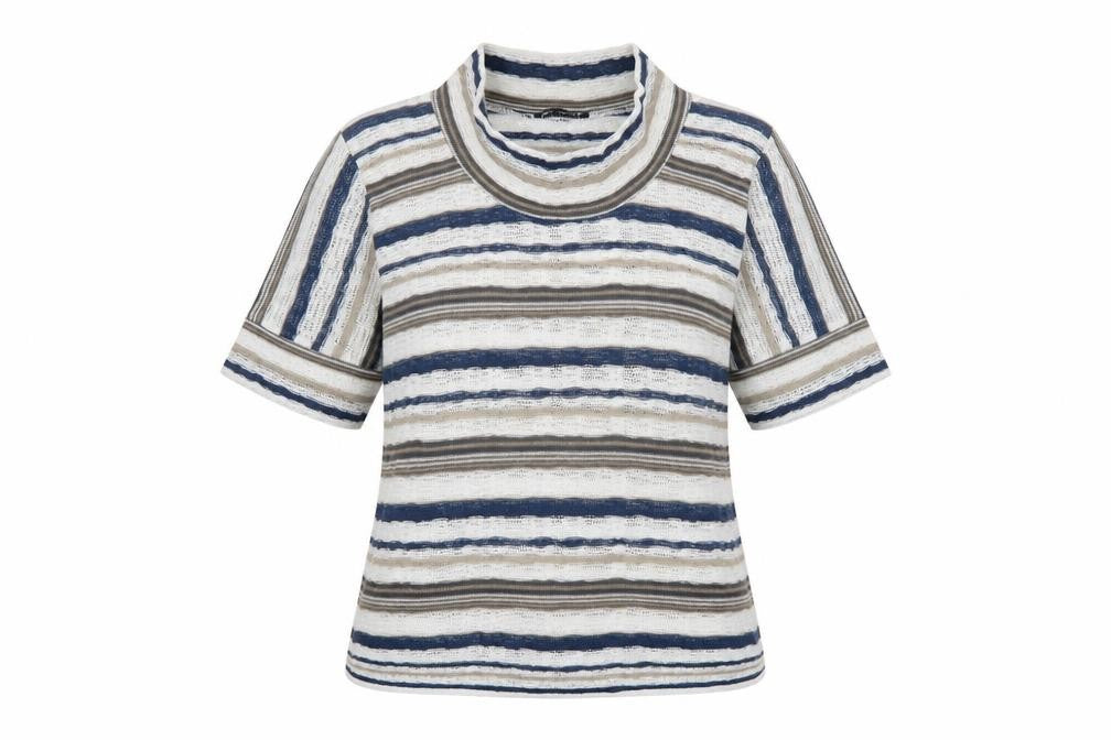Front view of Dolores women’s multicoloured cowl neck striped cotton jumper, size UK 14