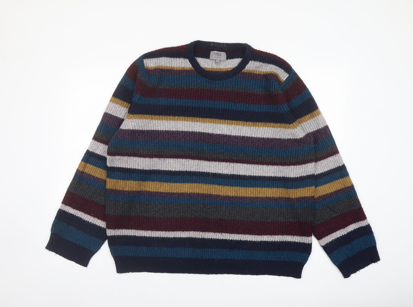 Marks and Spencer Mens Multicoloured Crew Neck Striped Acrylic Pullover Jumper Size XL Long Sleeve