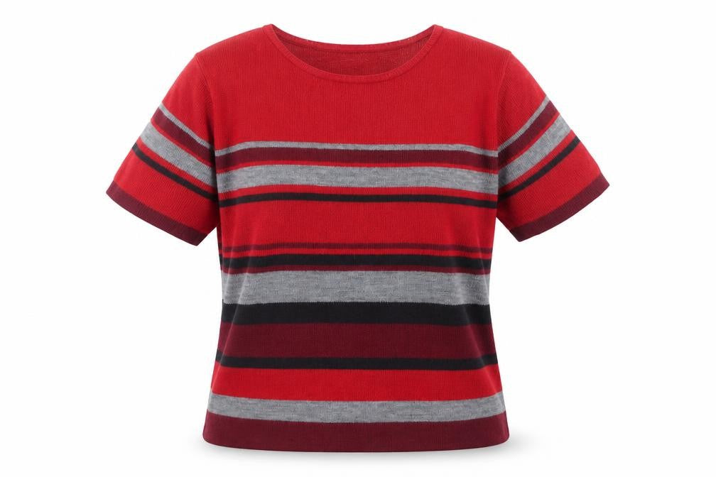 Front view of Berkertex women’s multicoloured round neck striped acrylic jumper, size UK 10