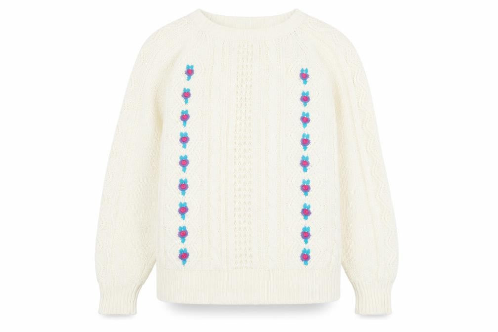 Front view of Michelle Zimon women’s ivory round neck acrylic jumper, size UK 14