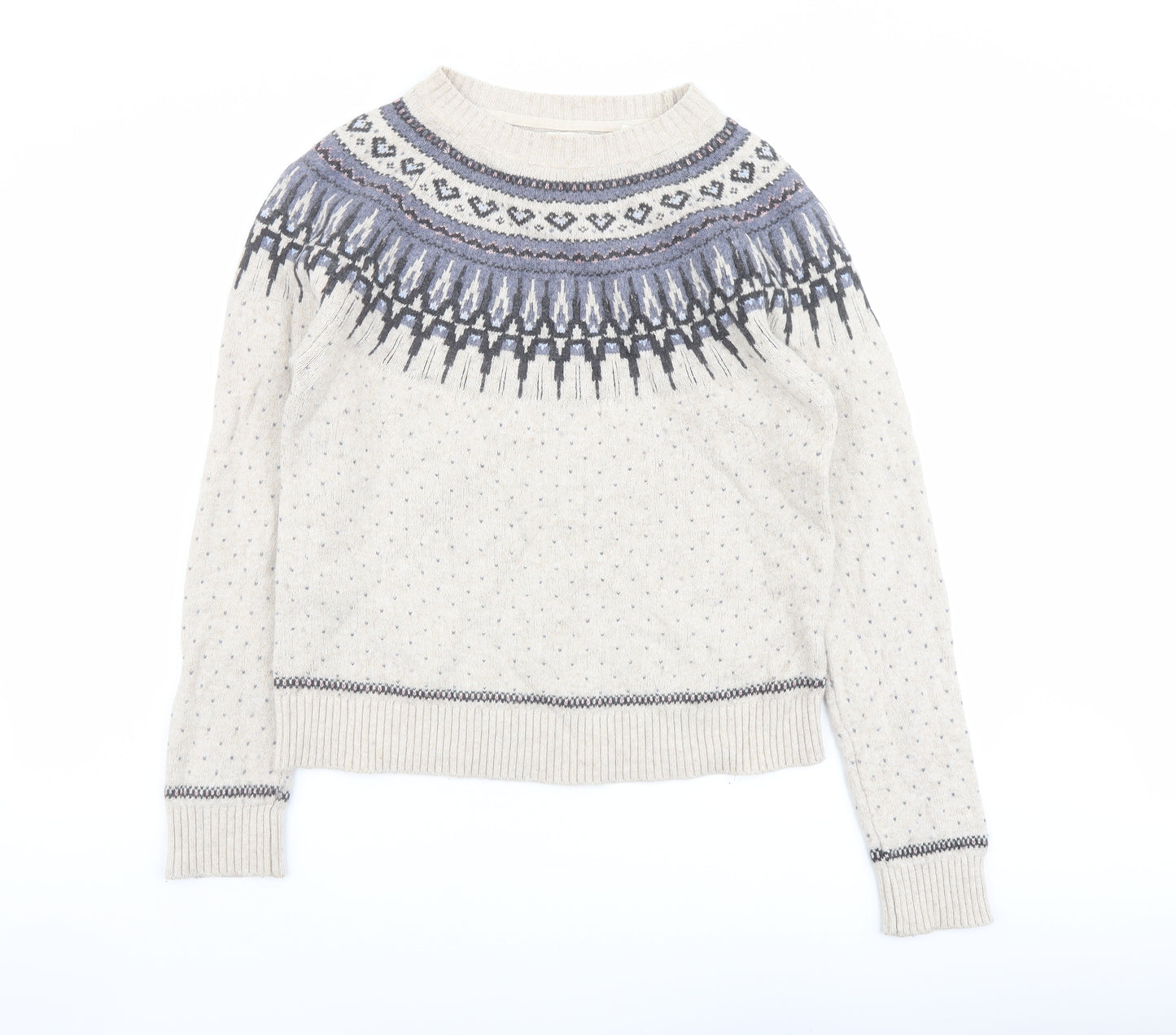 Fat Face Womens Beige Round Neck Fair Isle Cotton Pullover Jumper Size 12