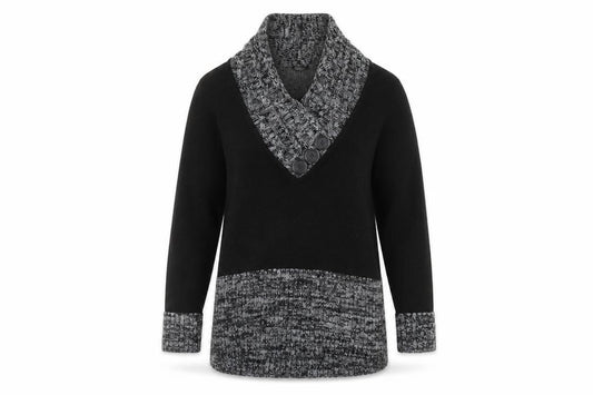 Front view of Romamn women’s black v-neck acrylic jumper, size UK 10