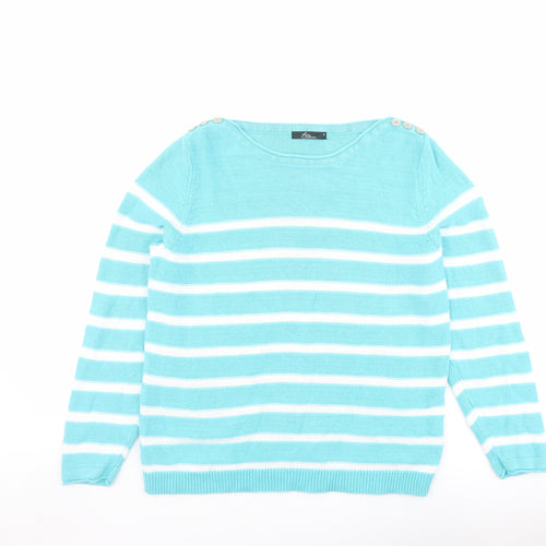 Bonmarché Womens Blue Boat Neck Striped Cotton Pullover Jumper Size M
