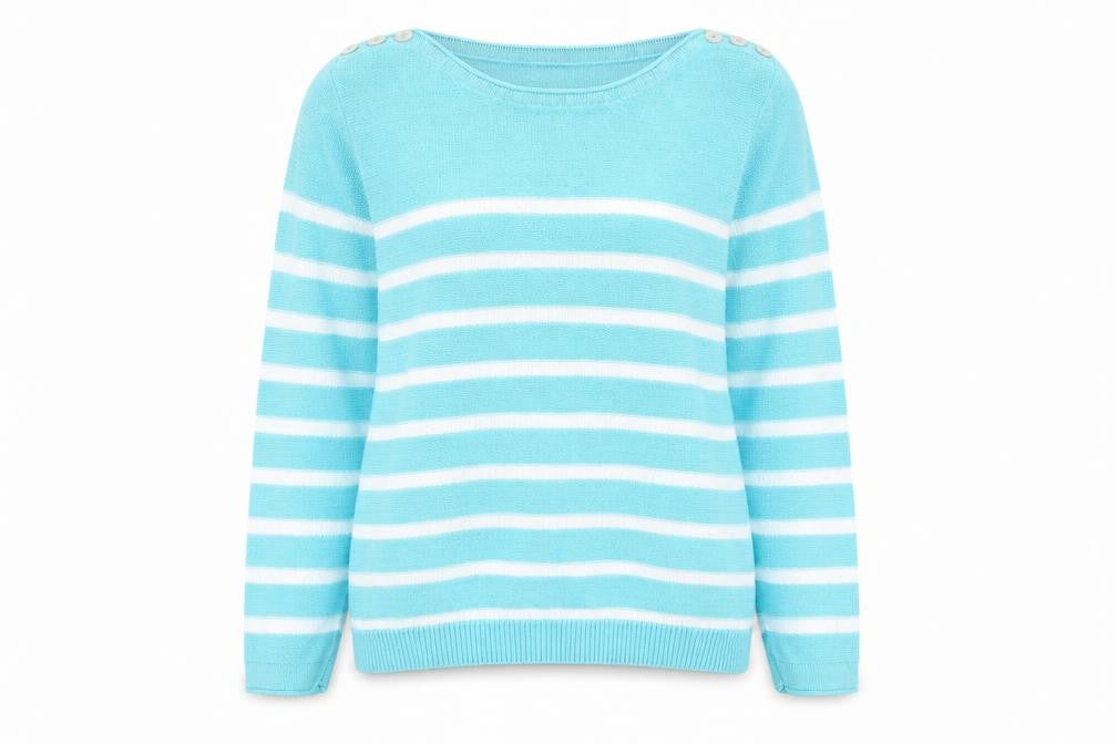 Front view of Bonmarché women’s blue boat neck striped cotton jumper, size M