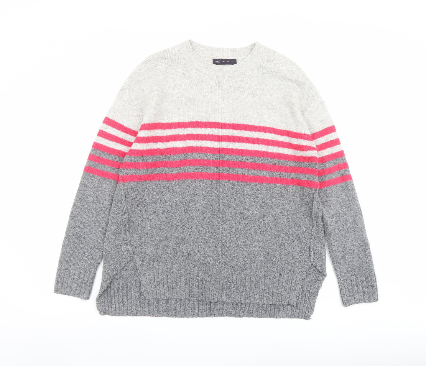 Marks and Spencer Womens Grey Crew Neck Striped Acrylic Pullover Jumper Size M
