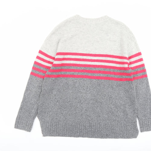 Marks and Spencer Womens Grey Crew Neck Striped Acrylic Pullover Jumper Size M