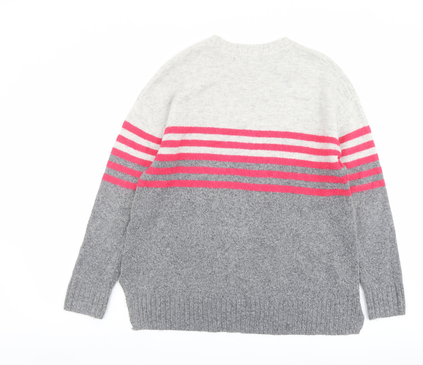 Marks and Spencer Womens Grey Crew Neck Striped Acrylic Pullover Jumper Size M