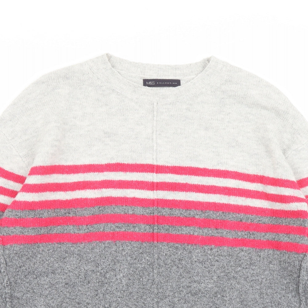 Marks and Spencer Womens Grey Crew Neck Striped Acrylic Pullover Jumper Size M