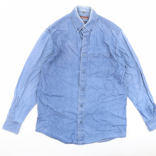 Lee Mens Blue Cotton Button-Up Size 15 Collared Button