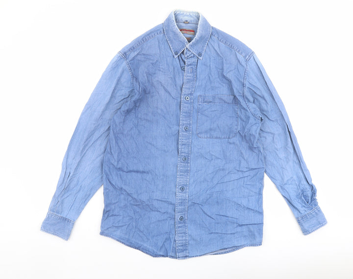 Lee Mens Blue Cotton Button-Up Size 15 Collared Button