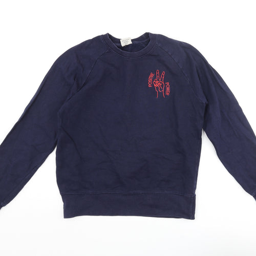 Earth Positive Mens Blue Cotton Pullover Sweatshirt Size S - Embroidered Peace Sign Positive Power