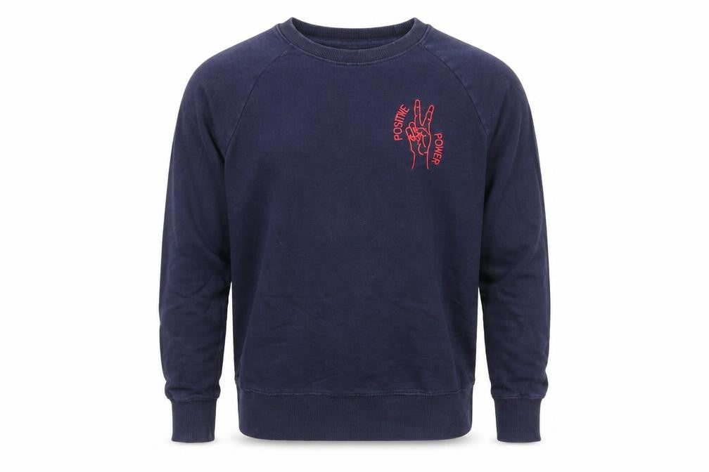 Earth Positive Mens Blue Cotton Pullover Sweatshirt Size S - Embroidered Peace Sign Positive Power