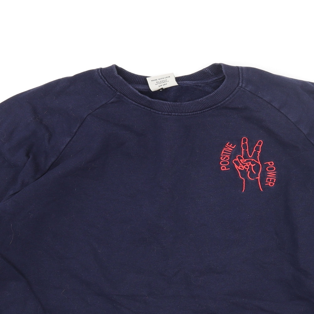 Earth Positive Mens Blue Cotton Pullover Sweatshirt Size S - Embroidered Peace Sign Positive Power