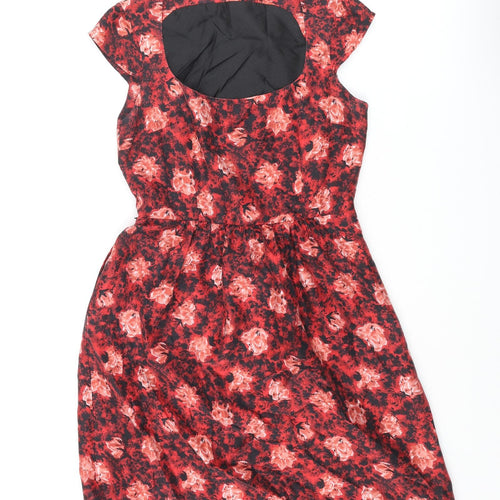 Amitié Womens Red Floral Viscose A-Line Size 10 Scoop Neck Zip