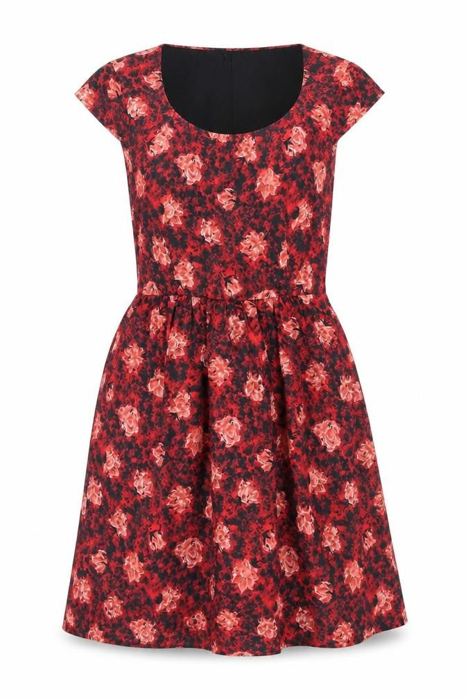 Amitié Womens Red Floral Viscose A-Line Size 10 Scoop Neck Zip