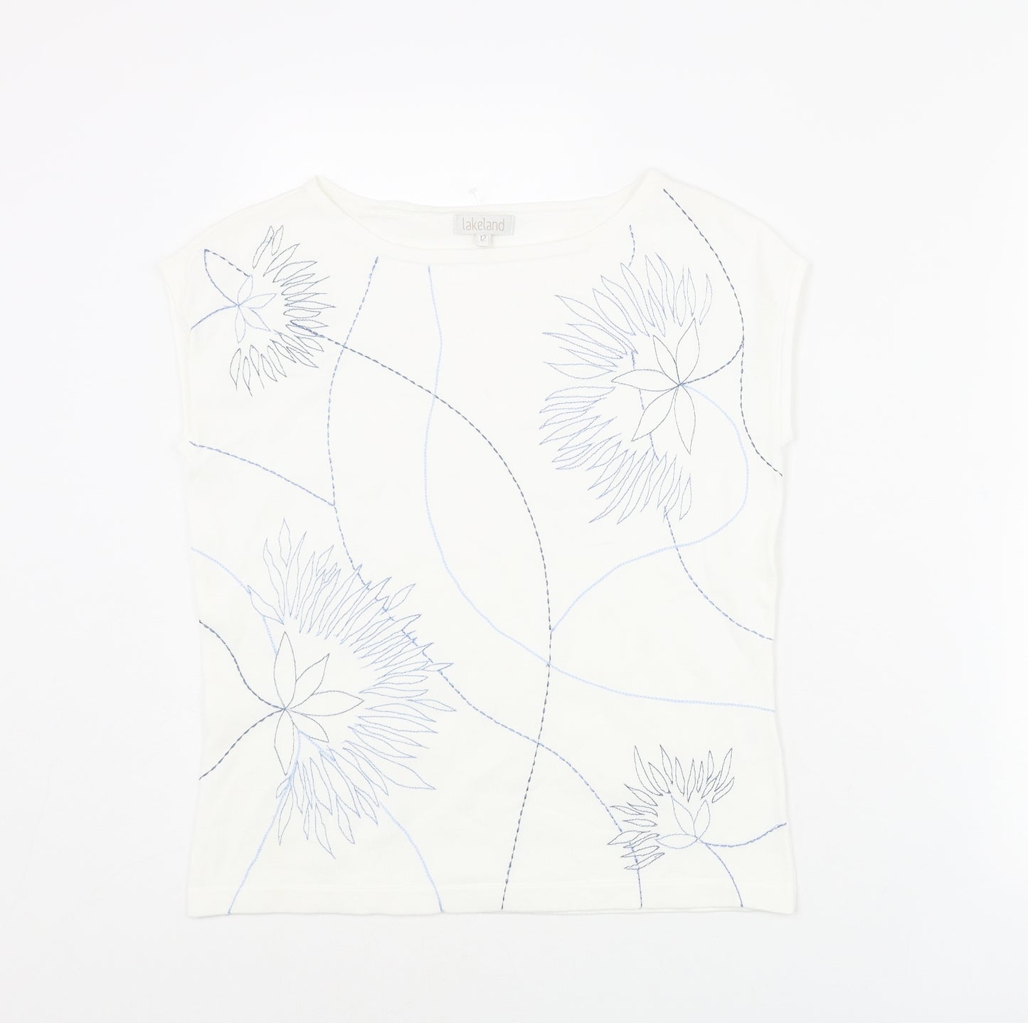 Lakeland Womens White Round Neck Viscose Vest Jumper Size 12 - Floral Embroidery