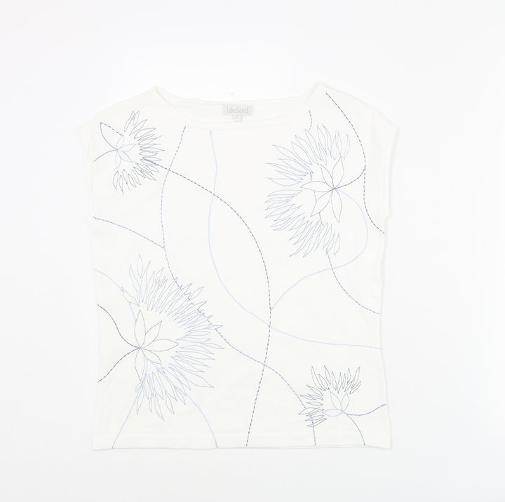 Lakeland Womens White Round Neck Viscose Vest Jumper Size 12 - Floral Embroidery