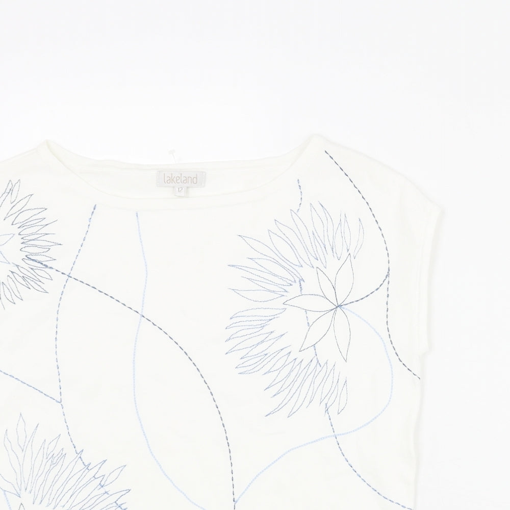 Lakeland Womens White Round Neck Viscose Vest Jumper Size 12 - Floral Embroidery