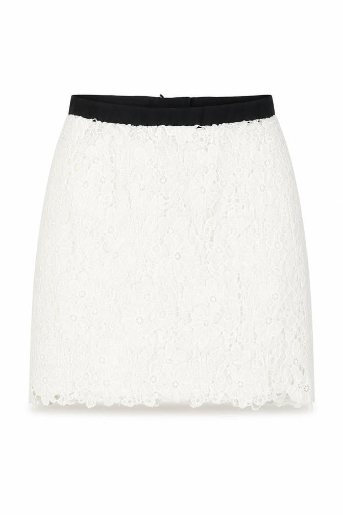Front view of French Connection women’s white floral polyester mini skirt, size UK 6, zip